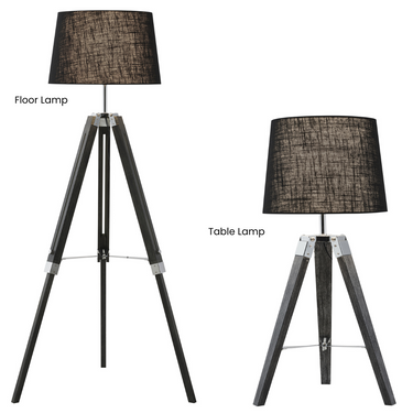 Wood and Polished Chrome Lamp with Black Fabric Shade